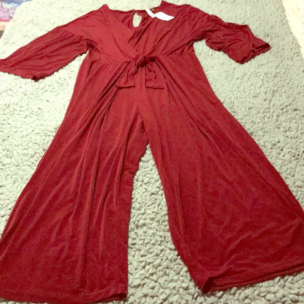 NY Collection Tie-Waist Burgundy women’s Jumpsuit